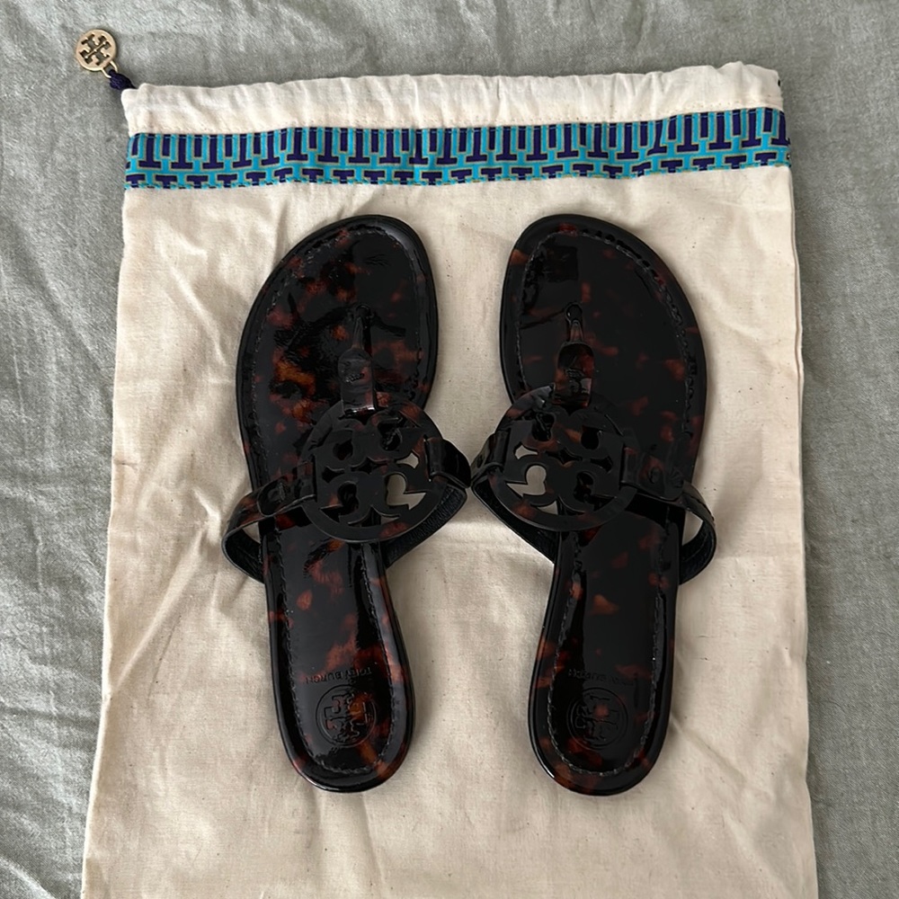 Tory Burch Miller Sandals Tortoise Shell Patent Leather Size 8